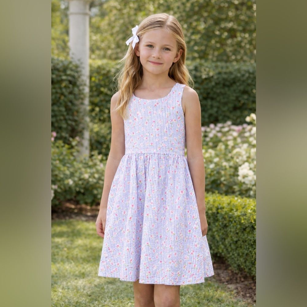 Ralph Lauren Floral Seersucker Fit & Flare Dress Blue Stripe Pink Roses Size 14